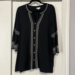J.Jill Embroidered Tunic Top Black Medium Button‎ Down Bohemian Blouse
